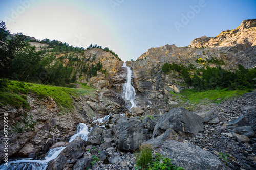 Adelboden  Switzerland - July 25  2022 - Engstligen Falls falls in the Swiss Alps in the mountains.