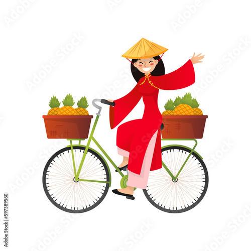 Vietnamese girl riding a bike. Cartoon illustration of a smiling young girl in a conical straw hat carrying pineapples on a bicycle isolated on a white background. Vector 10 EPS.