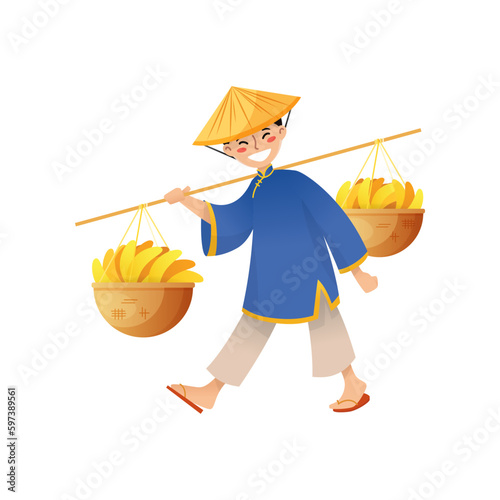Cheerful Vietnamese guy. Cartoon illustration of a man in a conical straw hat carrying baskets with bananas on a pole isolated on a white background. Vector 10 EPS.