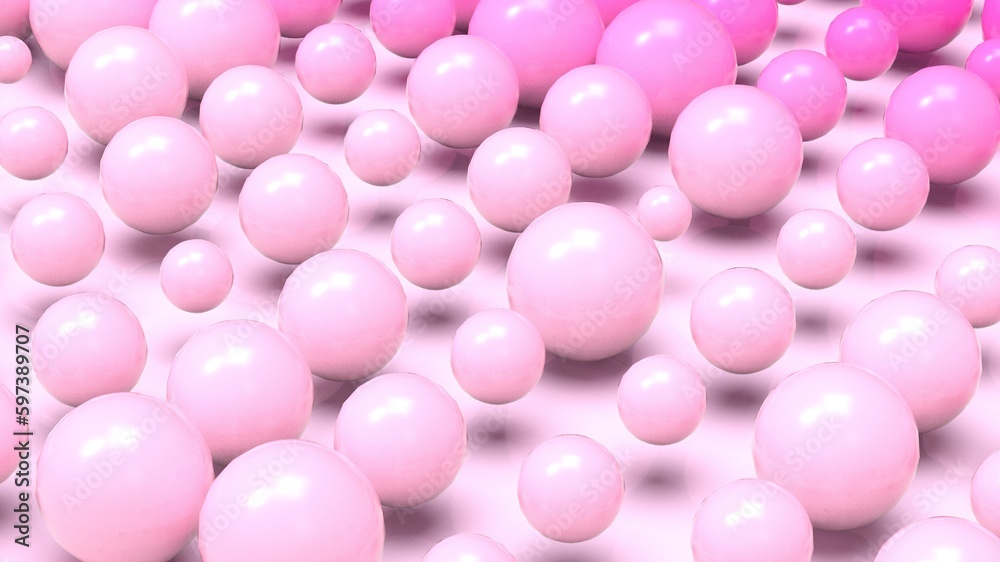 Random size many pink balls that are arranged under white lighting background. Conceptual 3D CG of blockchain, financial system and personal data analysis.