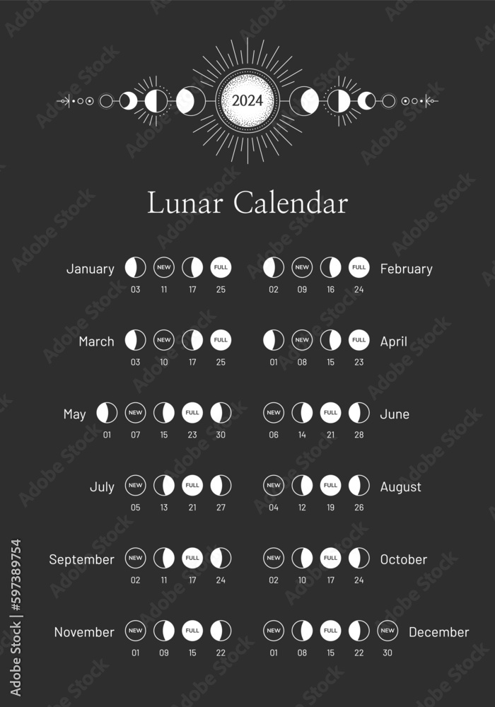2024 year lunar calendar, monthly moon cycle planner template ...