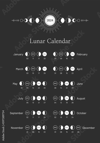 2024 year lunar calendar, monthly moon cycle planner template. Astrological lunar phases schedule and cycles banner, card, poster boho style vector illustration