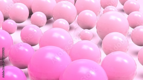 Random size many pink balls that are arranged under white lighting background. Conceptual 3D CG of blockchain, financial system and personal data analysis.