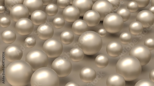 Random size many gold balls that are arranged under white lighting background. Conceptual 3D CG of blockchain, financial system and personal data analysis.