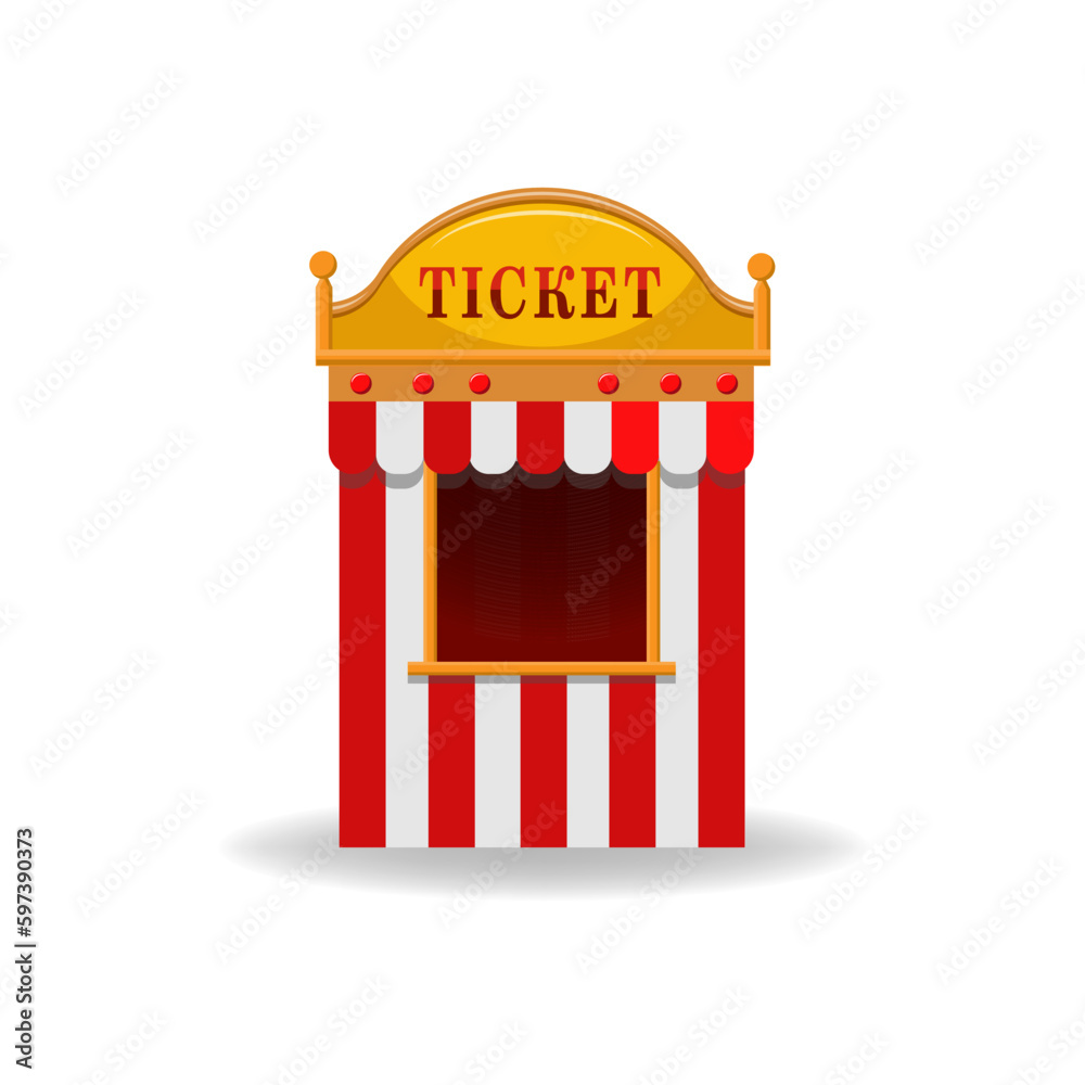 Cartoon carnival striped ticket booth kiosk isolated on white. Flat cinema, circus, theater, amusement park tent element with empty window. Entertainment and fun access purchase. Vector illustration
