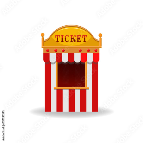 Obraz na płótnie Cartoon carnival striped ticket booth kiosk isolated on white. Flat cinema, circus, theater, amusement park tent element with empty window. Entertainment and fun access purchase. Vector illustration w salonie