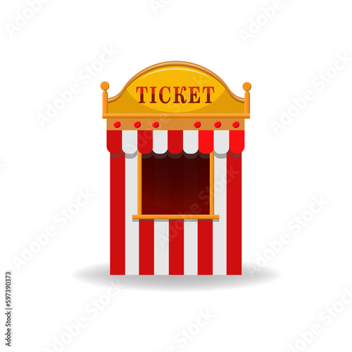 Cartoon carnival striped ticket booth kiosk isolated on white. Flat cinema, circus, theater, amusement park tent element with empty window. Entertainment and fun access purchase. Vector illustration