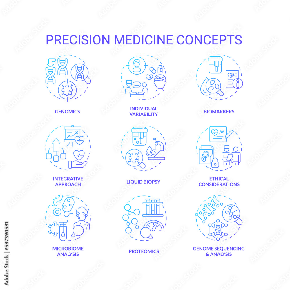 Precision medicine blue gradient concept icons set. Personalized healthcare program. Individualized patient diagnostic and treatment idea thin line color illustrations. Isolated symbols