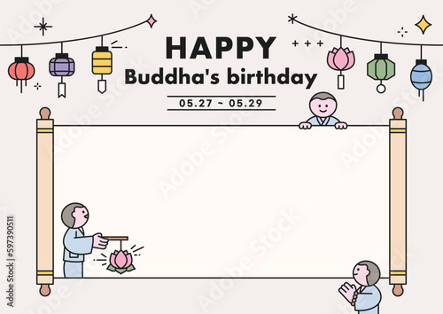 Buddha’s Birthday. A large scroll is spread out, and there are lotus lanterns and cute monks around. Holiday festival event poster.