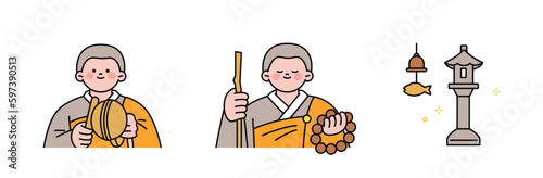 Buddha’s Birthday. A monk with a wooden blocks, a monk with a rosary, a stone pagoda and a fish bell.