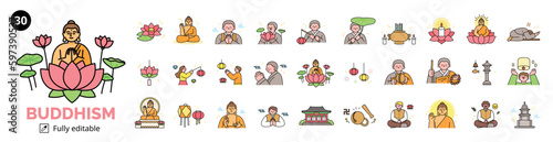 Buddha’s Birthday. Buddhist monk character and lotus lantern event. mega set.