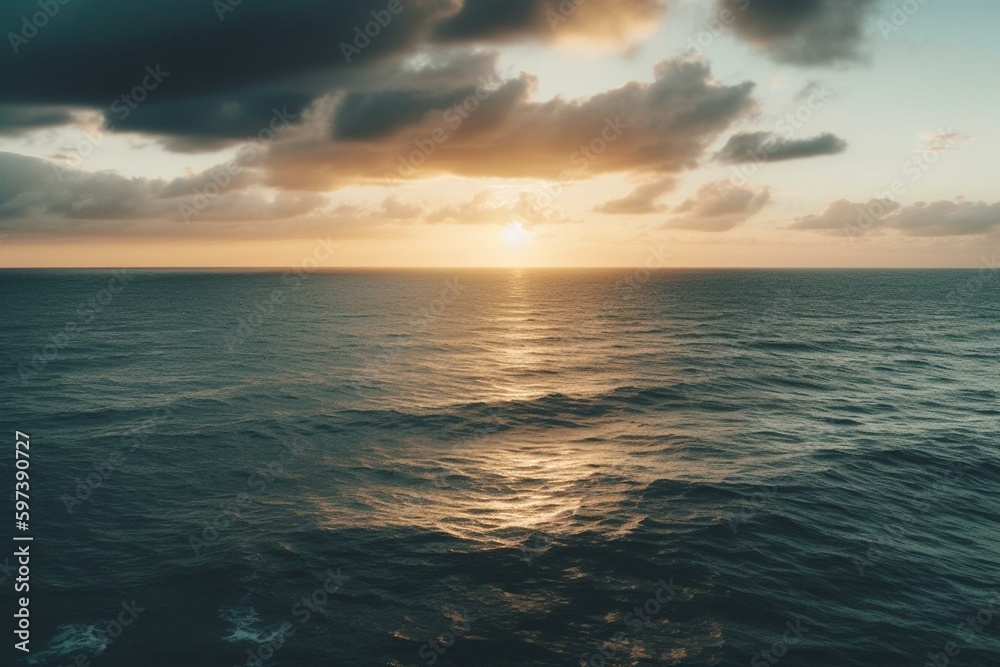 Sunrise over the ocean with panoramic view of the sea and clouds. Generative AI