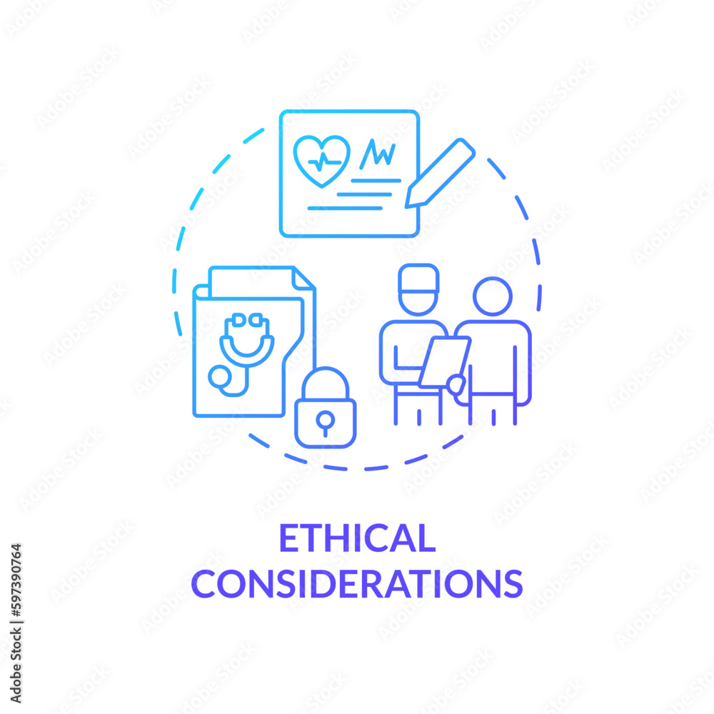 Ethical considerations blue gradient concept icon. Patient records privacy protection guarantee. Precision medicine factor abstract idea thin line illustration. Isolated outline drawing Ethical considerations blue gradient concept icon. Patient records privacy protection guarantee. Precision medicine factor abstract idea thin line illustration. Isolated outline drawing