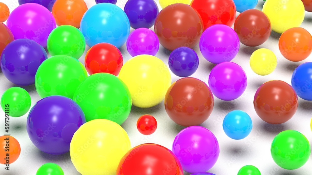 Random size many colorful balls that are arranged under white lighting background. Conceptual 3D CG of blockchain, financial system and personal data analysis.