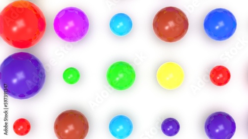 Random size many colorful balls that are arranged under white lighting background. Conceptual 3D CG of blockchain, financial system and personal data analysis.