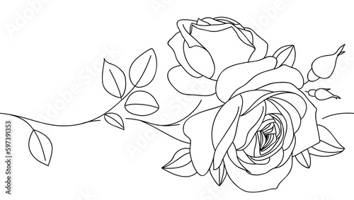 Abstract seamless decorative horizontal border element with rose and leaf. Beautiful blossoming hand drawn flower on white background. Line art for frame design. Vector stock illustration	