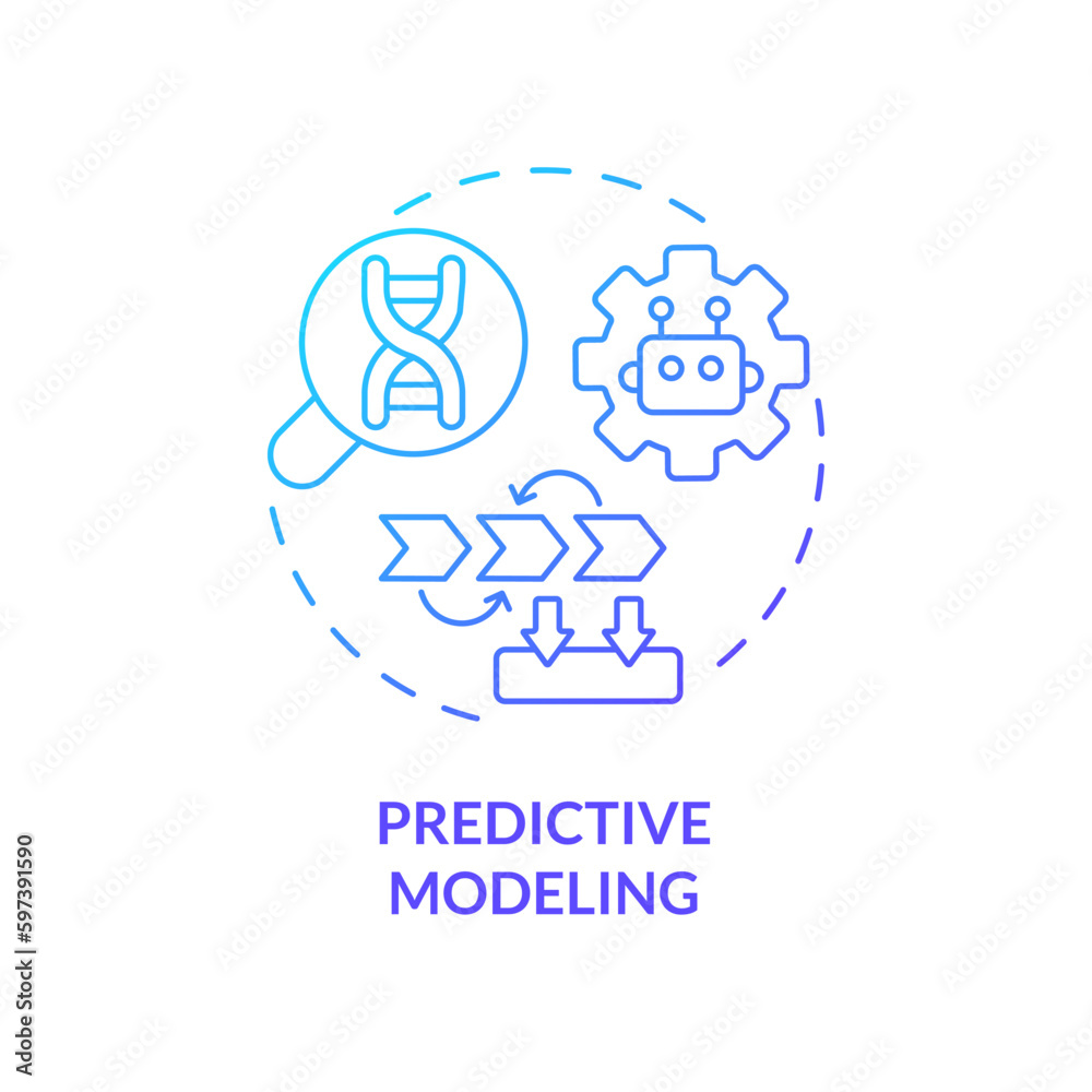 Predictive modeling blue gradient concept icon. Analyze large datasets of patient information. AI and ML in precision medicine abstract idea thin line illustration. Isolated outline drawing Predictive modeling blue gradient concept icon. Analyze large datasets of patient information. AI and ML in precision medicine abstract idea thin line illustration. Isolated outline drawing