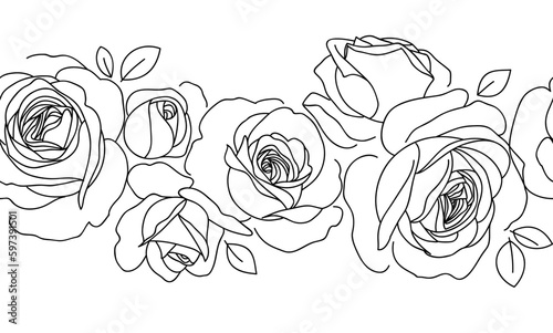 Abstract horizontal seamless pattern with line art roses. Decorative floral element for frame design. Vintage hand drawn flower and bud isolated on white background. Vector stock illustration	