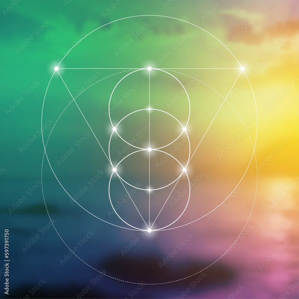 Sacred geometry spiritual new age futuristic illustration with transmutation interlocking circles, triangles and glowing particles