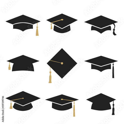 Graduation flat hats icons. Vector set