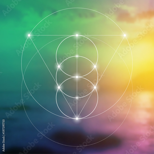 Sacred geometry spiritual new age futuristic illustration with transmutation interlocking circles, triangles and glowing particles