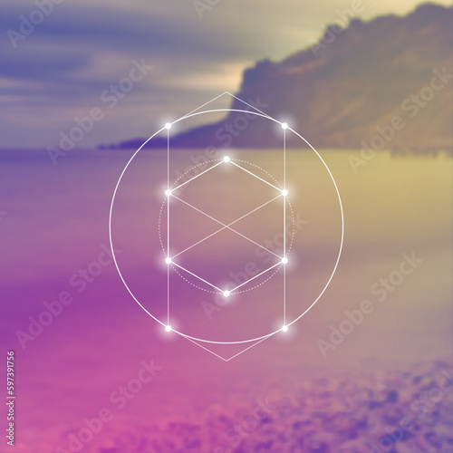 Sacred geometry spiritual new age futuristic illustration with transmutation interlocking circles, triangles and glowing particles