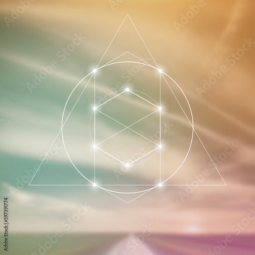 Sacred geometry spiritual new age futuristic illustration with transmutation interlocking circles, triangles and glowing particles