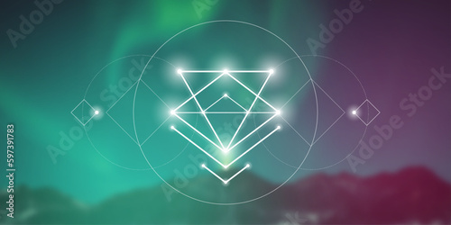 Sacred geometry spiritual new age futuristic illustration with transmutation interlocking circles, triangles and glowing particles