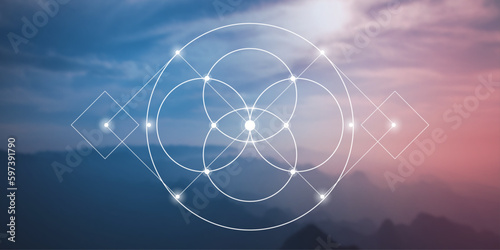 Flower of life. Tree of life. Sacred geometry spiritual new age futuristic illustration with transmutation interlocking circles, triangles and glowing particles