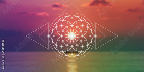 Flower of life. Tree of life. Sacred geometry spiritual new age futuristic illustration with transmutation interlocking circles, triangles and glowing particles
