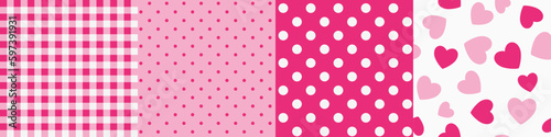 Set of decorative seamless red and pink pattern plaid, polka dot and heart shape. Vector illustration. Wrapping template for Mother's day gift.	