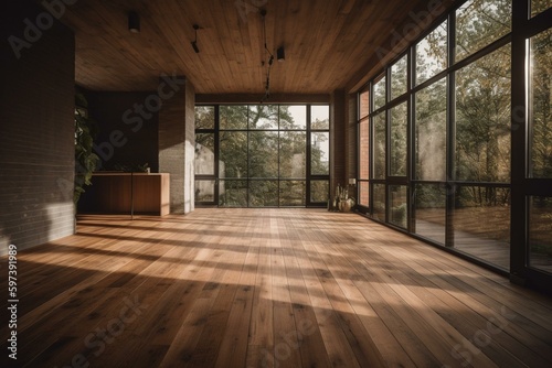 Wooden flooring outside with enclosed walls & ceiling. Generative AI