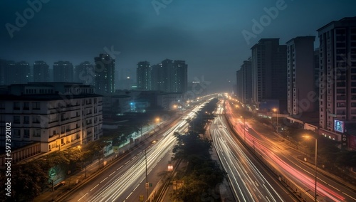 Highways and high-rises in Fuzhou shine at night