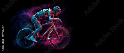 Cyclist riding a bike on black background with copy space. for bicycle day. generative ai. photo