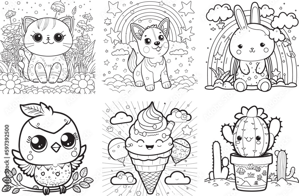Kids Coloring Page for Girl, Cat, Dog, Rabbit, Bird vector de Stock