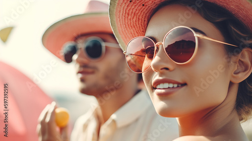 Vacation couple in hat and sunglasses. generate by ai