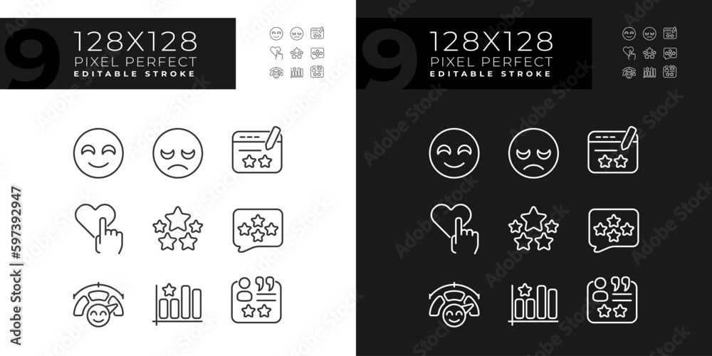 Customer reaction on content pixel perfect linear icons set for dark, light mode. Evaluation of service. Thin line symbols for night, day theme. Isolated illustrations. Editable stroke