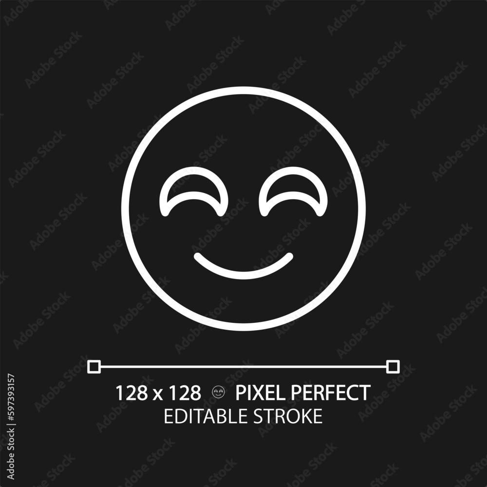 Smiling emoji pixel perfect white linear icon for dark theme. Positive reaction on product. Happy face. Satisfied service user. Thin line illustration. Isolated symbol for night mode. Editable stroke Smiling emoji pixel perfect white linear icon for dark theme. Positive reaction on product. Happy face. Satisfied service user. Thin line illustration. Isolated symbol for night mode. Editable stroke
