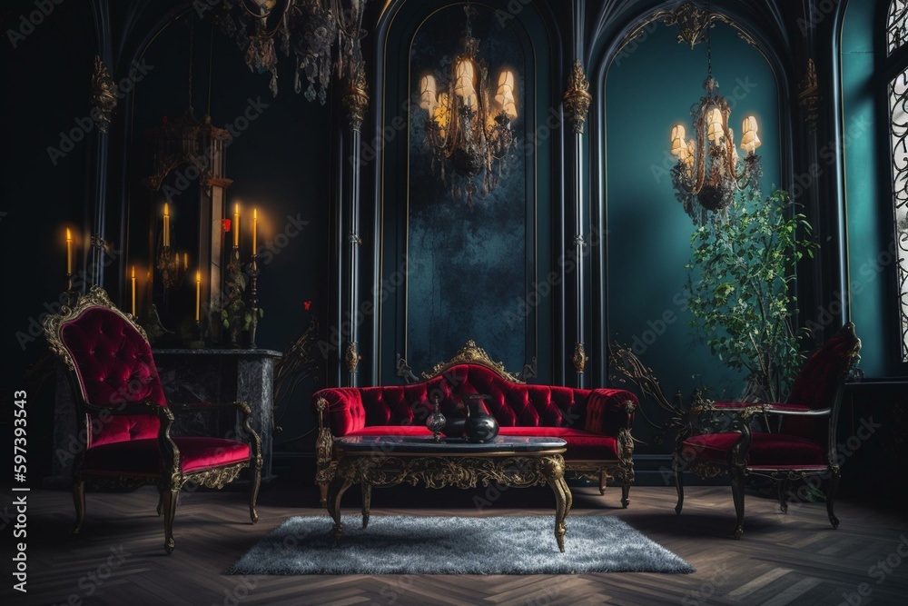 Dramatic gothic decor with unique colorful furniture style for home design. Generative AI