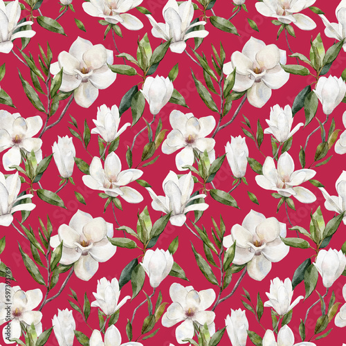 seamless pattern with white magnolia flowers on Viva Magenta background