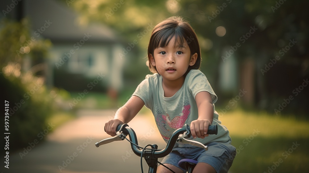 A fictional person. Young boy learning to ride a bicycle in a suburban neighborhood A fictional person. Young boy learning to ride a bicycle in a suburban neighborhood