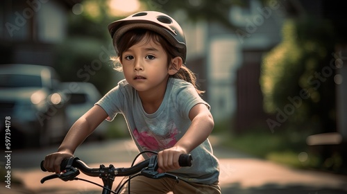 A fictional person. Young boy learning to ride a bicycle in a suburban neighborhood