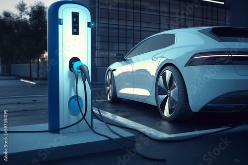 Charging station and electric car, 3D render in blue and white. Generative AI