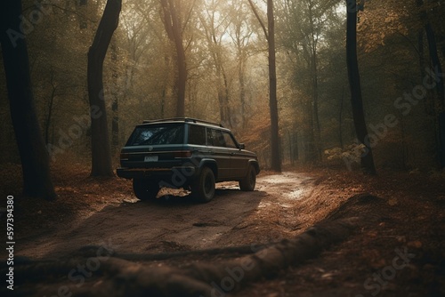 Vehicle in wooded area. Generative AI