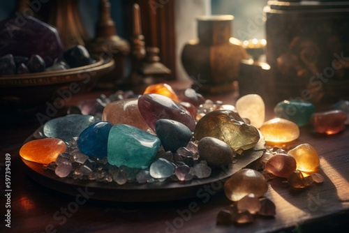 Alternative healing with gemstones for wellbeing, meditation, mental health and spiritual practices. Energetic therapy with Reiki and chakra crystals. Generative AI