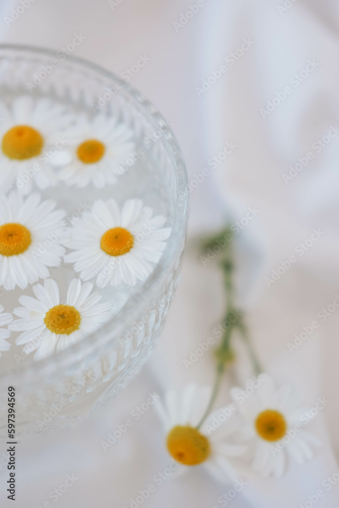 Chamomile flowers in a glass bowl on white fabric background