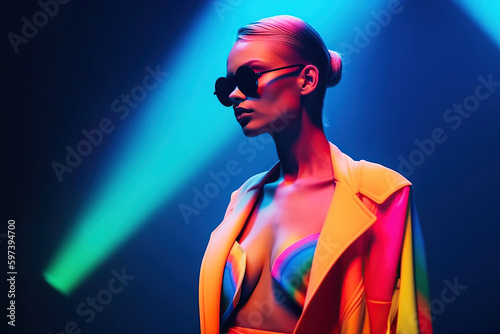 A model girl walks down the catwalk in a bright abstract outfit at a fashion show.Generative AI illustration. Fashion Week.