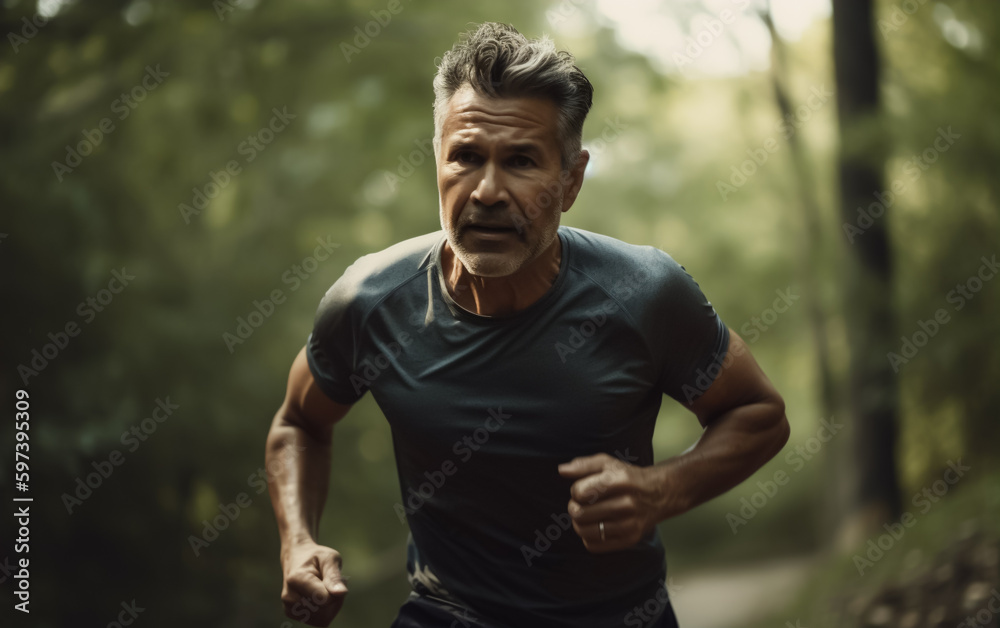 Fit adult man jogging or running in nature, maintaining fitness and a healthy lifestyle, shallow depth of field, Illustrative Generative AI. Not a real Person. Fit adult man jogging or running in nature, maintaining fitness and a healthy lifestyle, shallow depth of field, Illustrative Generative AI. Not a real Person.