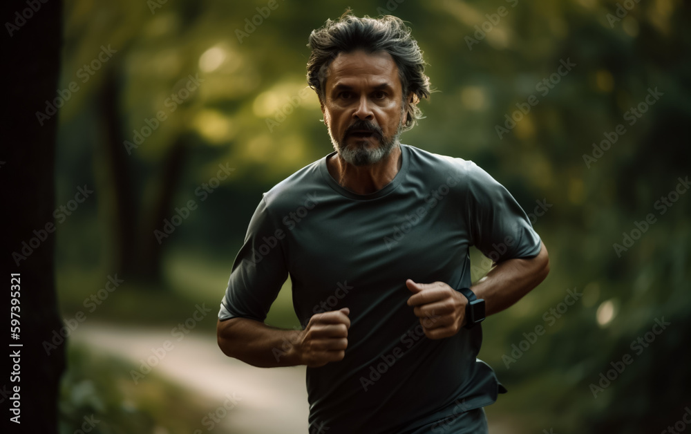 Obraz premium Fit adult man jogging or running in nature, maintaining fitness and a healthy lifestyle, shallow depth of field, Illustrative Generative AI. Not a real Person.