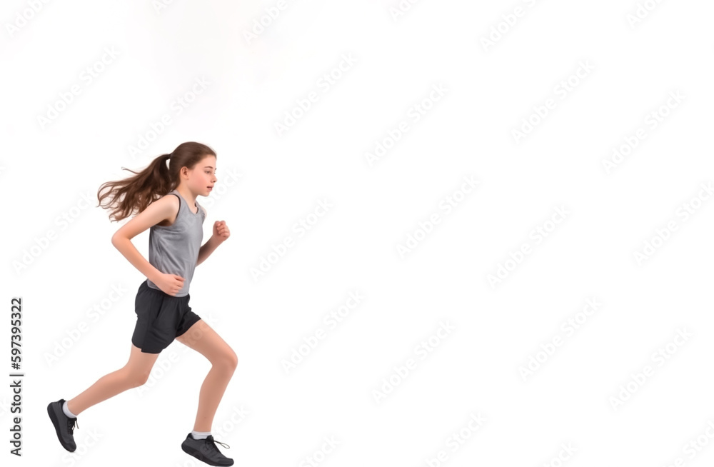 Girl running or jogging. Concept of exercise and health. Isolated on white background with copy space. Shallow field of view. Illustrative Generative AI. Not a real person.